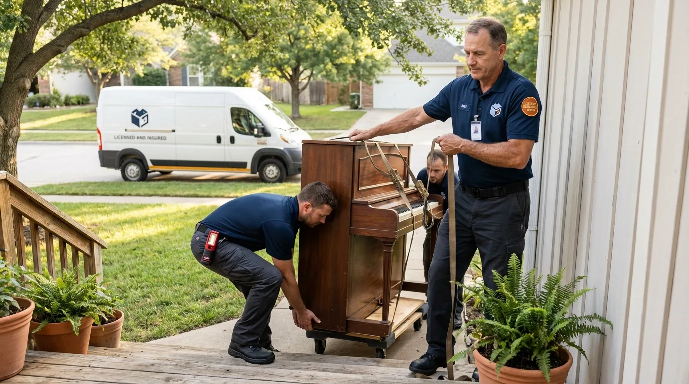 Licensed piano movers securing grand piano in Mount Ephraim, NJ