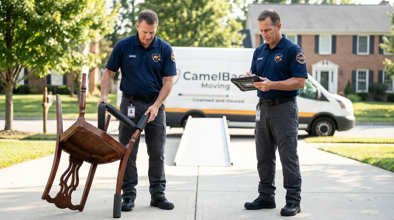 Movers inspecting furniture for damage prevention before loading in Mount Ephraim, NJ